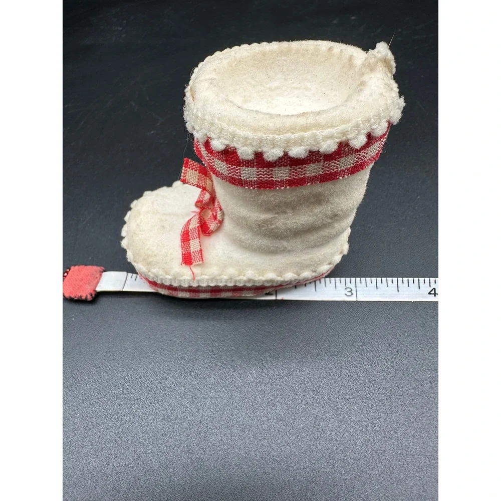 Vintage Flocked Felt Candy Boot Ornament Christmas Red Gingham‎ Ribbon Trim